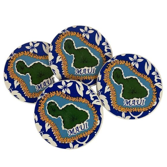 Maui Absorbent Ceramic Coasters Cork Backing Wood Holder Gift from Hawaii - Picture 1 of 9